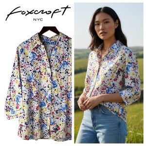Foxcroft Blouse Shirt Button Down Top Sz 18W 1X Floral Cottage Garden Career
